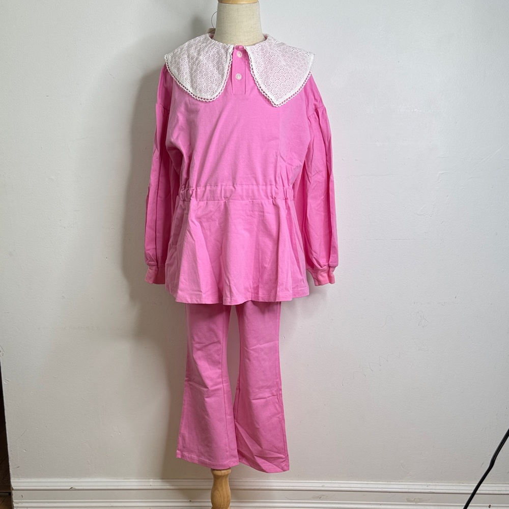 Pink Kids Matching Set with Lace Collar